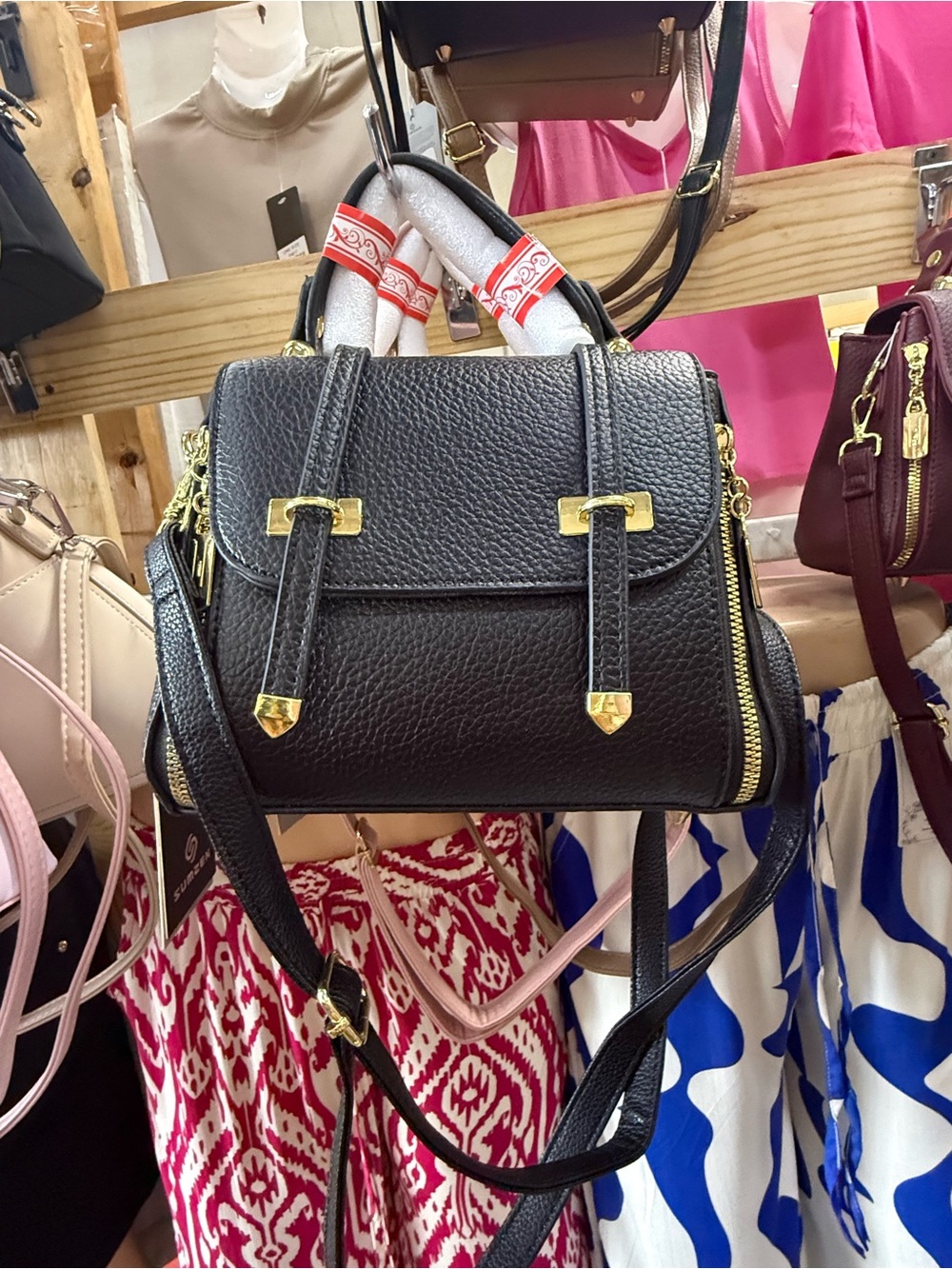 Black Pebbled Leather Satchel Handbag with Gold Hardware